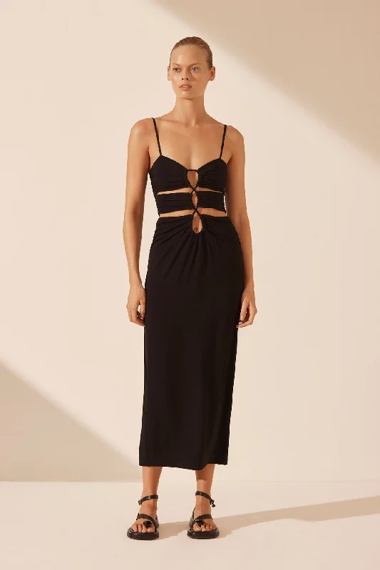 YVETTE LACE UP RUCHED MIDI DRESS