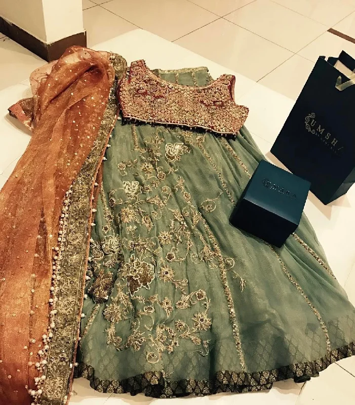 Dark green and rust heavy gharara set on jamawar and chiffon cloth Model#M154