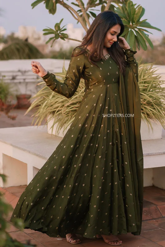 Green Chinon Anarkali With Dupatta