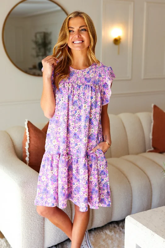 Spring Lilac Floral Tiered Ruffle Sleeve Woven Dress (Open Pack)