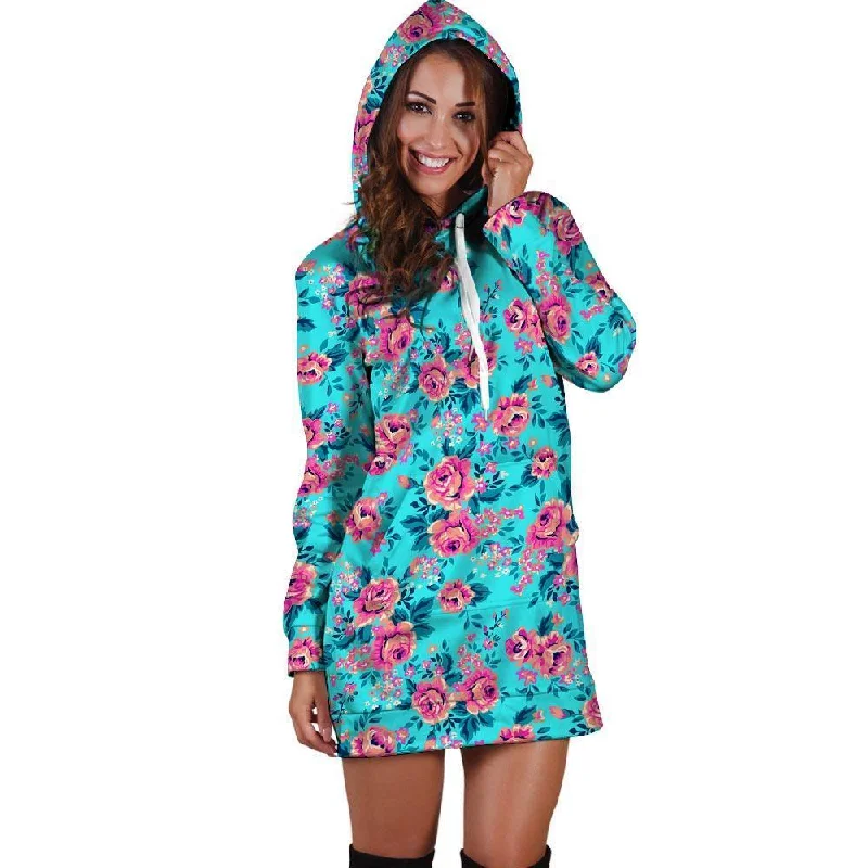 Pink And Blue Rose Floral Hoodie Dress