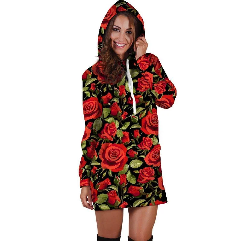 Red Rose Floral Hoodie Dress