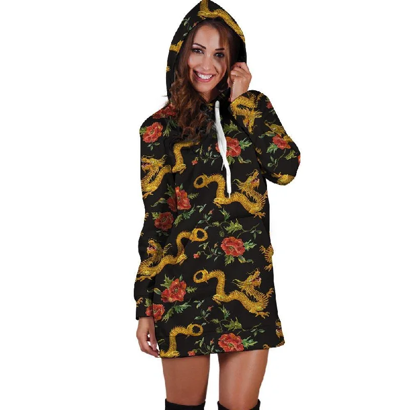 Rose Floral Golden Dragon Print Hoodie Dress