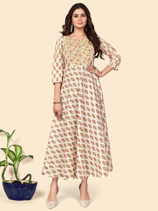 NOZ2TOZ Women's Print & Lace Anarkali Cotton Beige Stitched Kurta