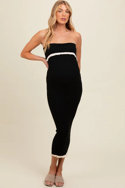 Black Contrast Trim Maternity Strapless Knit Dress