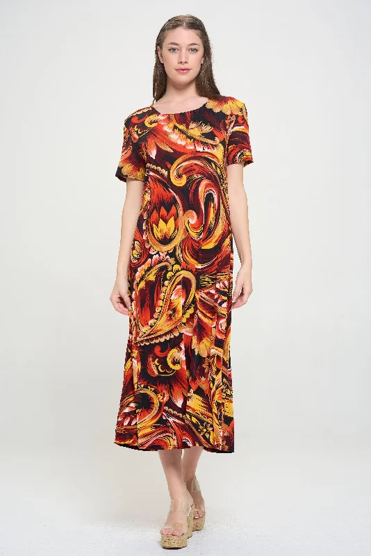 Plus Size Print  Long Dress Short Sleeve - 7002BN-SXP1-W435