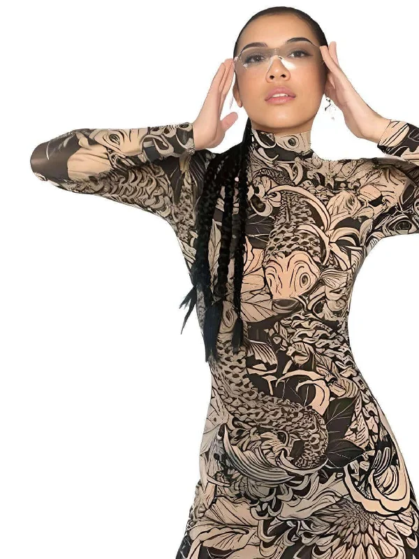 Long Sleeve Mesh See Through Streetwear Bodycon Dress